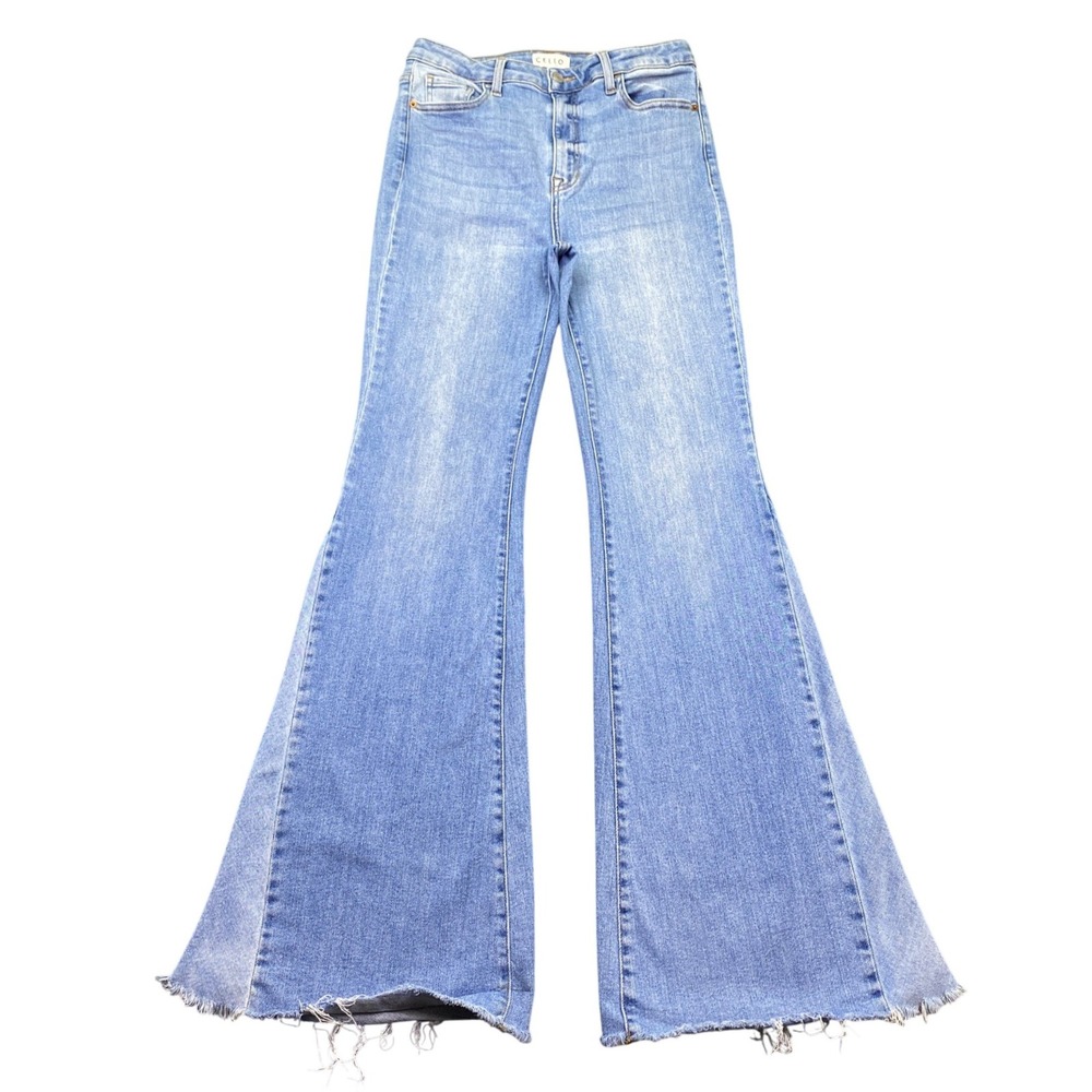 Cello Womens High Rise Flare Bell Bottom Jeans Light Wash Raw Hem WV37999M Sz 11